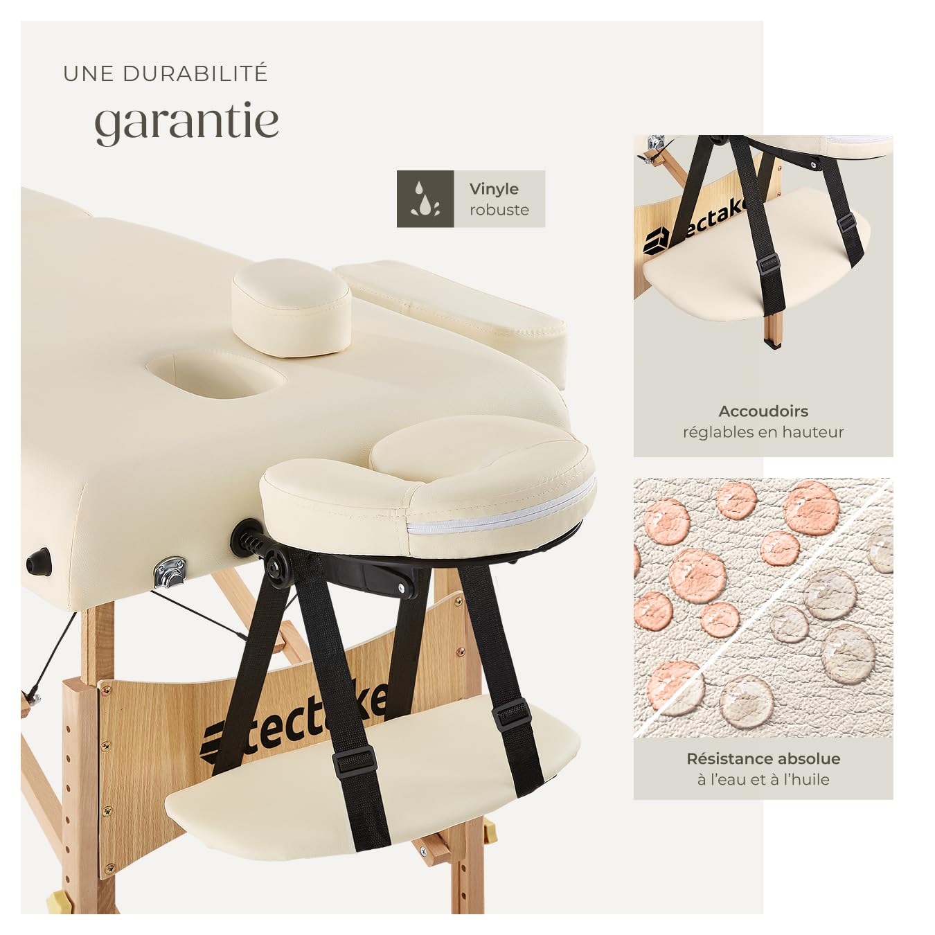 tectake® Table de Massage Pliante Professionnelle 2 Zones Ergonomique Massage et Relaxation Bois Table Esthetique Professionnel Lit de Massage Portable, Rouleaux & Housse de Transport - Beige
