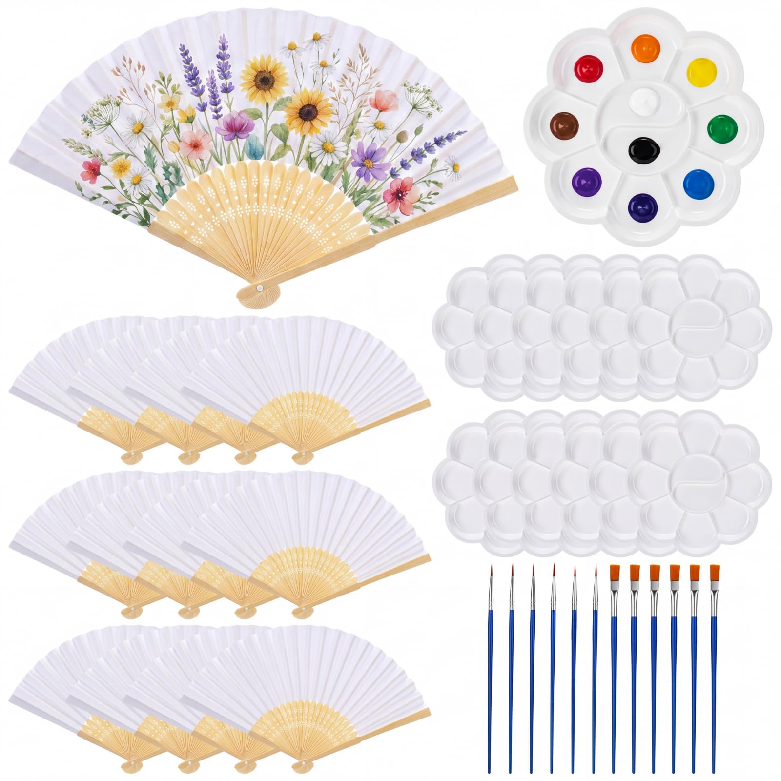 Roowest 12 Set DIY Papierfächer Kit Weiß Faltbare Dekorative Handfächer Bulk mit Farbpaletten und Pinseln für Malerei Party Klassenzimmer Gemeinschaft Kunst Aktivitäten Frauen Bachelorette Party