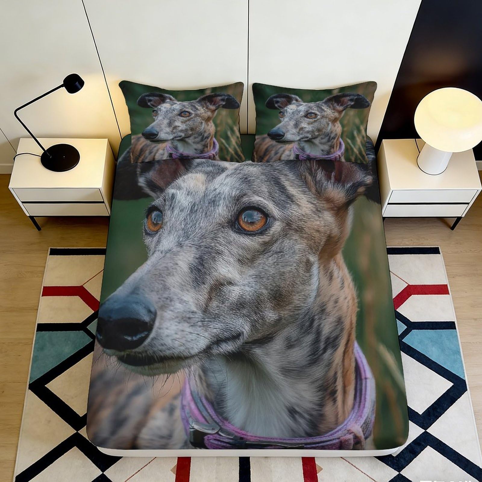 3D Printed Greyhound Dog Fitted Sheet Microfiber Soft Breathable Animal Print Bed Cover for Bedroom Dormitory Guest Room Mattress Protection 160x200x25cm