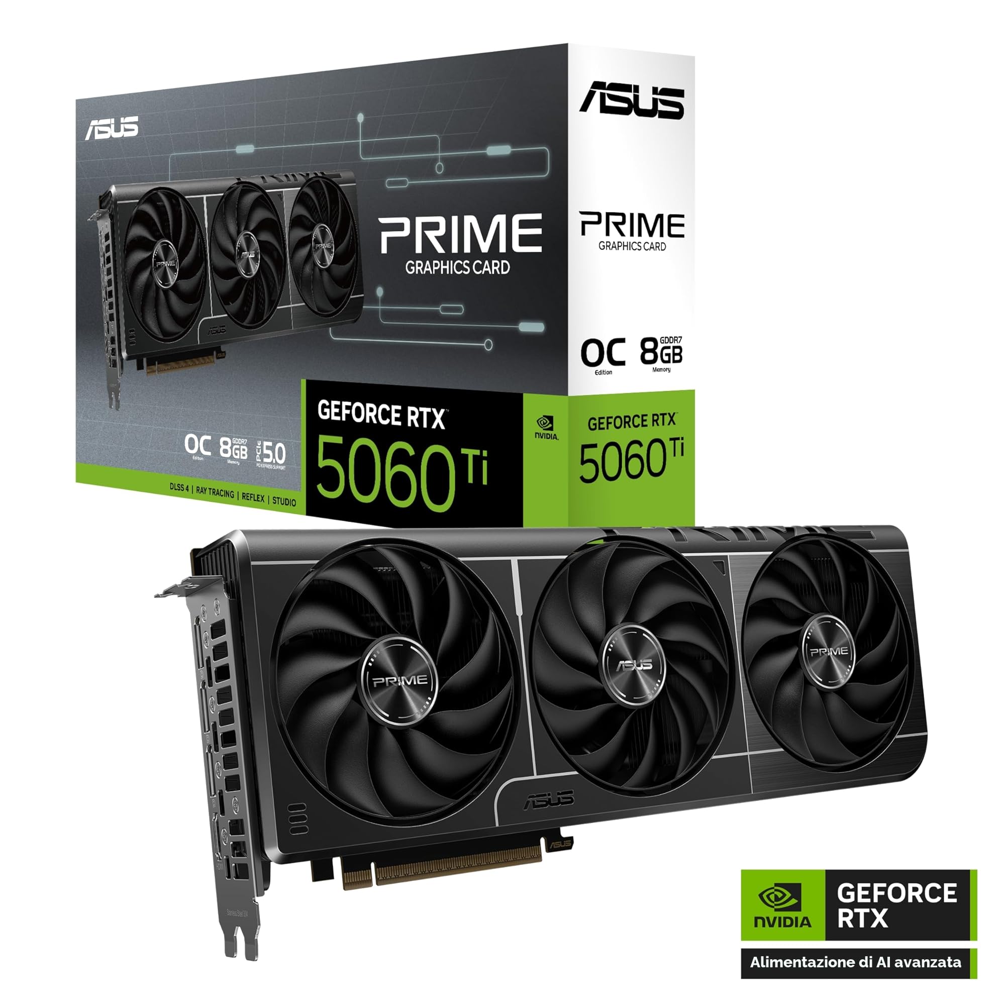 ASUS Prime NVIDIA GeForce RTX 5060 Ti OC Edition, Scheda Grafica 8 GB GDDR7, 128 Bit, PCIe 5.0, 3 Ventole Axial-Tech, 1 HDMI 2.1, 3 DisplayPort 2.1, GPU Tweak III, Nera, PRIME-RTX5060TI-O8G