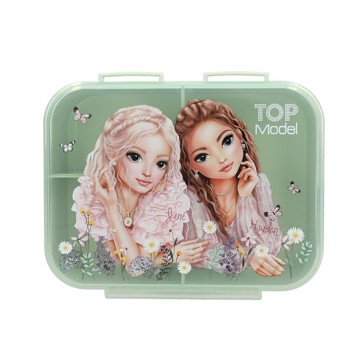 Depesche Girls 0 Topmodel Summer Feeling 1341 Lunch Box In Green And Pink With Model Motif And Floral Pattern, Lunch Box With 3 Compartments And Hinged Lid
