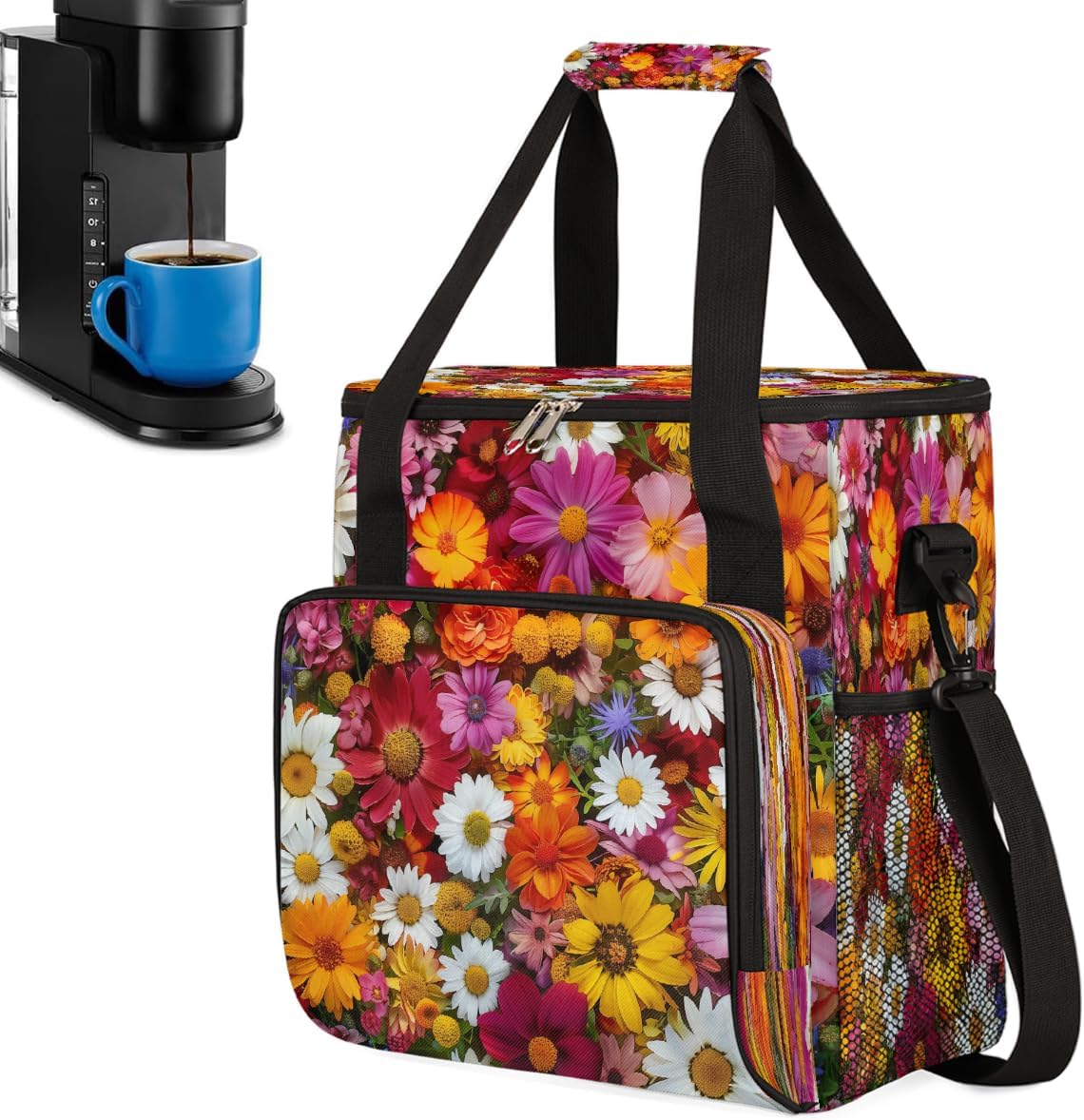 Coffee Maker Carrying Bag Compatible with Keurig Mini or K Mini Plus, Portable Single Serve Coffee Brewer Storage Bag with Shoulder Strap - Colorful Mixed Flowers