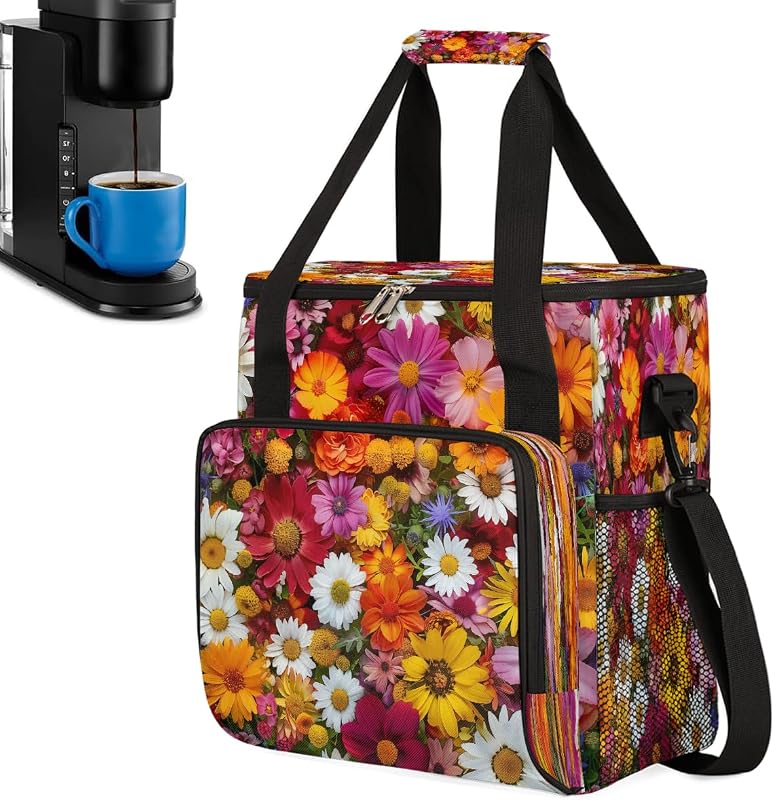 Coffee Maker Carrying Bag Compatible with Keurig Mini or K Mini Plus, Portable Single Serve Coffee Brewer Storage Bag with Shoulder Strap - Colorful Mixed Flowers