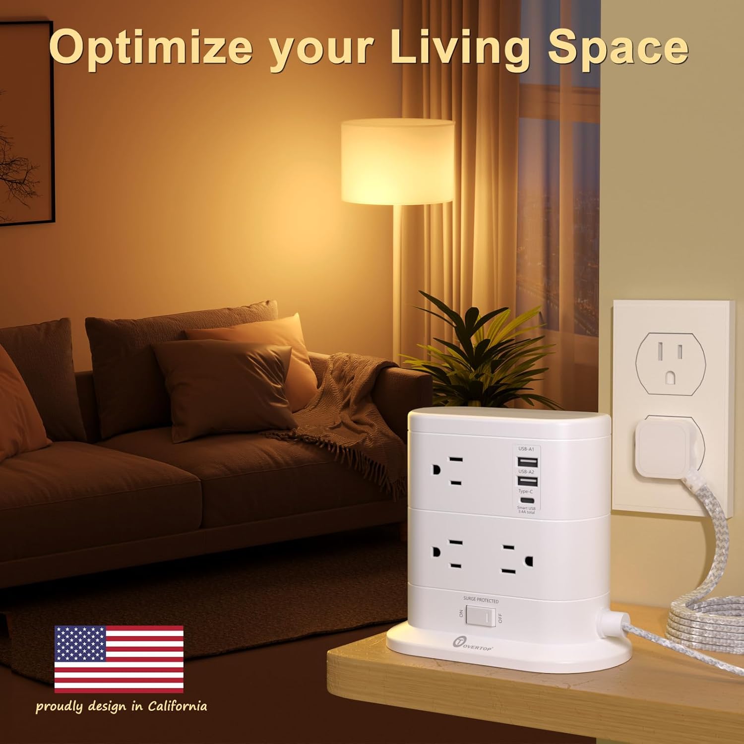 Overtop Surge Protector Tower Power Strip,Nightlight Flat Plug with 7 AC Multiple Outlets 3 USB Ports,Charging Station1625W/13A 1600J 6.5FT Braided Extension Cord, Office Supplies,Dorm,Home