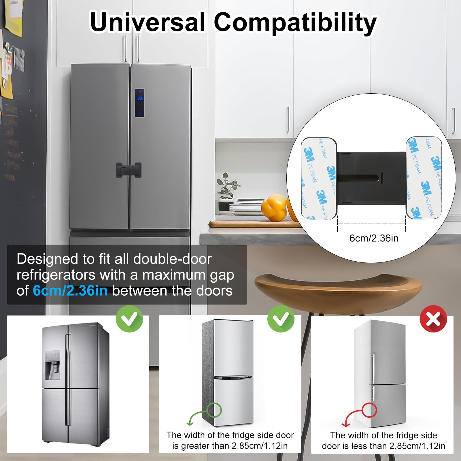 Cerraduras de nevera para niños, cerradura de refrigerador a prueba de niños, cerradura de puerta de nevera francesa de seguridad para bebés, cerraduras de gabinete a prueba de niños con adhesivo 3M,