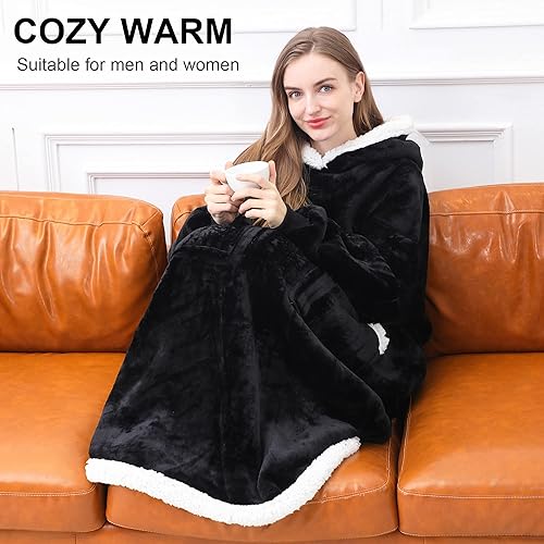 Miniatura 4 de Kipswiza Manta con capucha  Manta larga y acogedora de franela y sherpa con bolsillos grandes para adultos, mujeres, hombres, familiares y amigos,