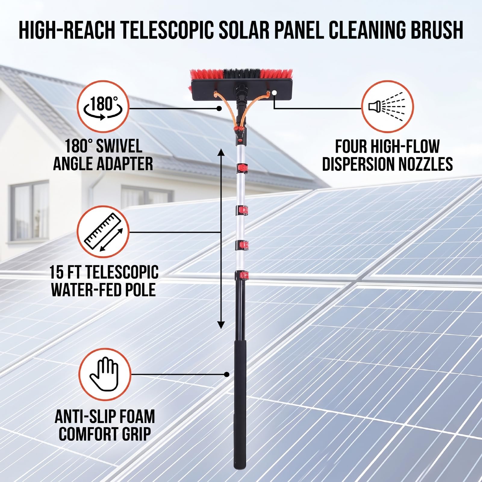 ViaGasaFamido Kit Spazzola per la Pulizia del Pannello Solare con Asta Telescopica da 15 Piedi e Ugelli Ad Alto Flusso per Un'efficiente Pulizia Esterna
