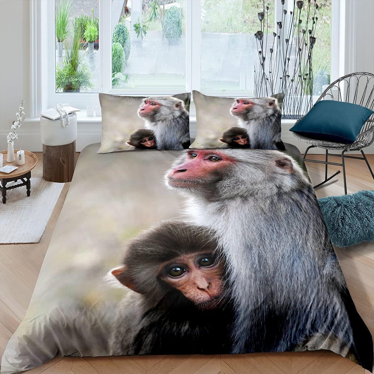 Parure de lit 240x260 cm Singe Imprimé 3D avec Housse de Couette Animaux Douce 2 Personnes