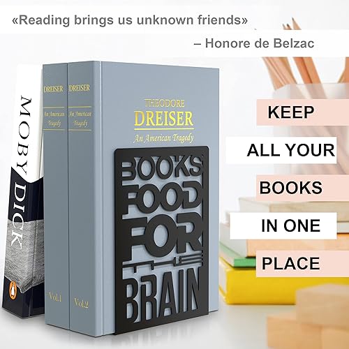 Miniatura 2 de CraftyCrocodile Sujetalibros de metal para estantes, sujetalibros negros de moda para libros pesados con almohadillas antideslizantes, tapones