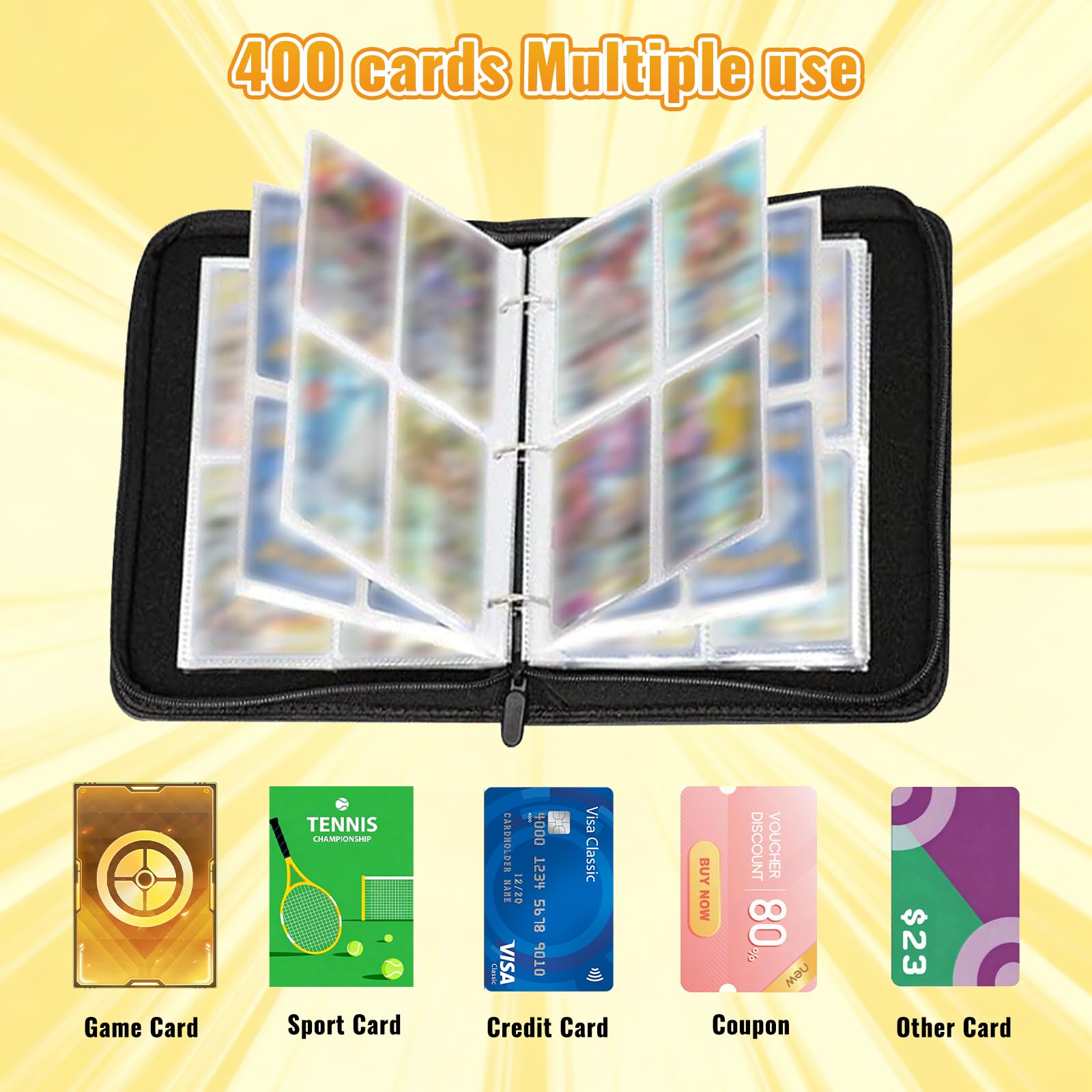 Album per collezionisti, 50 pagine 400 carte Album da collezione, PU raccoglitore per carte, porta carte portatile impermeabile, regalo per bambini (400)