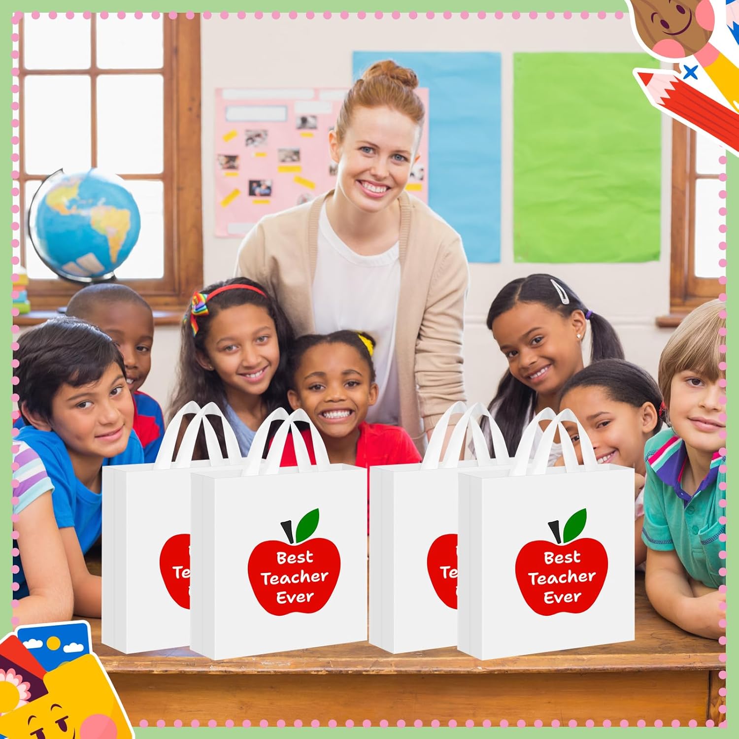 Kolldenn 48 Pcs Teachers Appreciation Gift Bags Bulk 10 x 13'' Large Plastic Thank You Teacher Apple Goodies Shopping Bags with Handle for Back to 100th Day of School Classroom Party - Image 6