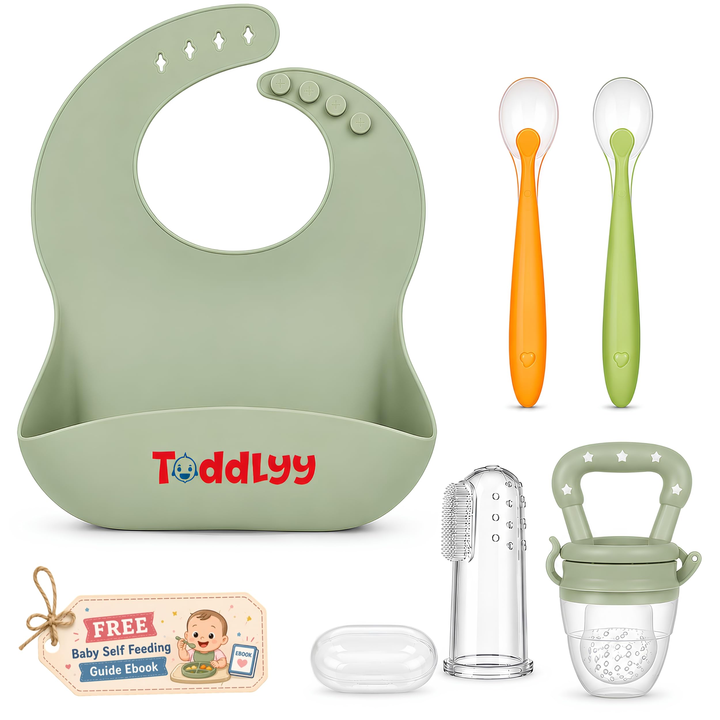 Silicone Baby Bib for Self Feeding 6+ Month Adjustable & Food Catcher Pocket | 5 Pcs Set 1 Bib 2 Soft Tip Spoons, 1 Fruit Feeder 1 Finger Brush | Waterproof, BPA Free | E-Book-image-42