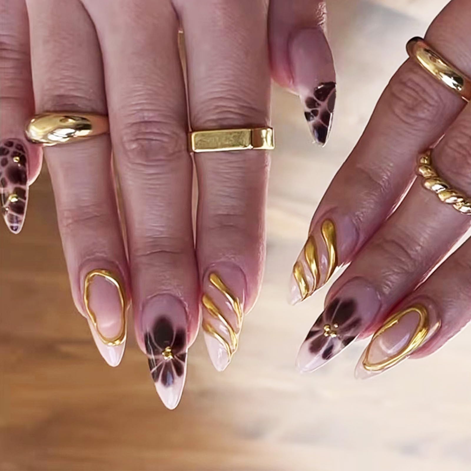 3D Curve Line Press on Nails Brown Flower Acrylic Fake Nails Leopard Print Stick on Nails Short Almond Glossy Gold Irregular False Nails Turtle Print