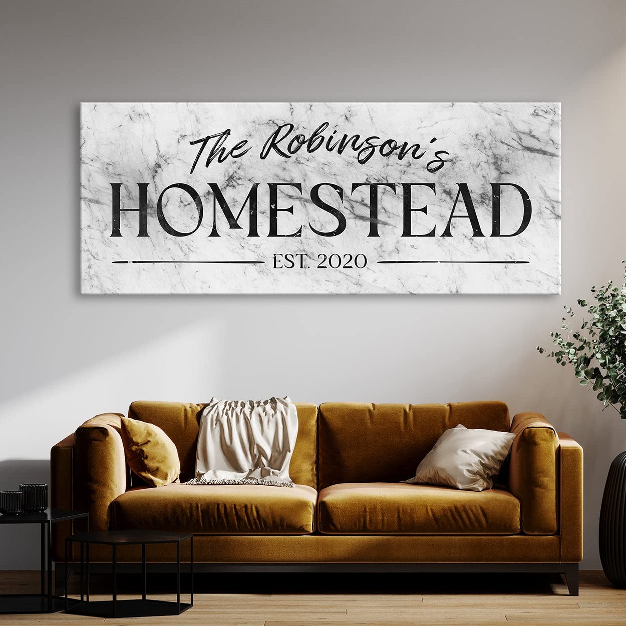 Cartel personalizado de mármol blanco con nombre familiar para casa de campo, porche, patio, apellido establecido, decoración del hogar, arte de pared, pintura grande, 40 x 16 pulgadas, lienzo sentido