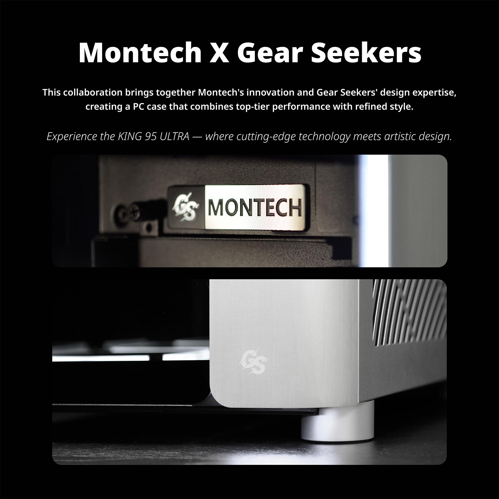 MONTECH X Gear Seeker, King 95 Ultra dwukomorowe etui do gier ATX, wysoki przepływ powietrza, aluminiowy panel we/wy, solidny zakrzywiony przód ze szkła hartowanego, wstępnie zainstalowany sześć