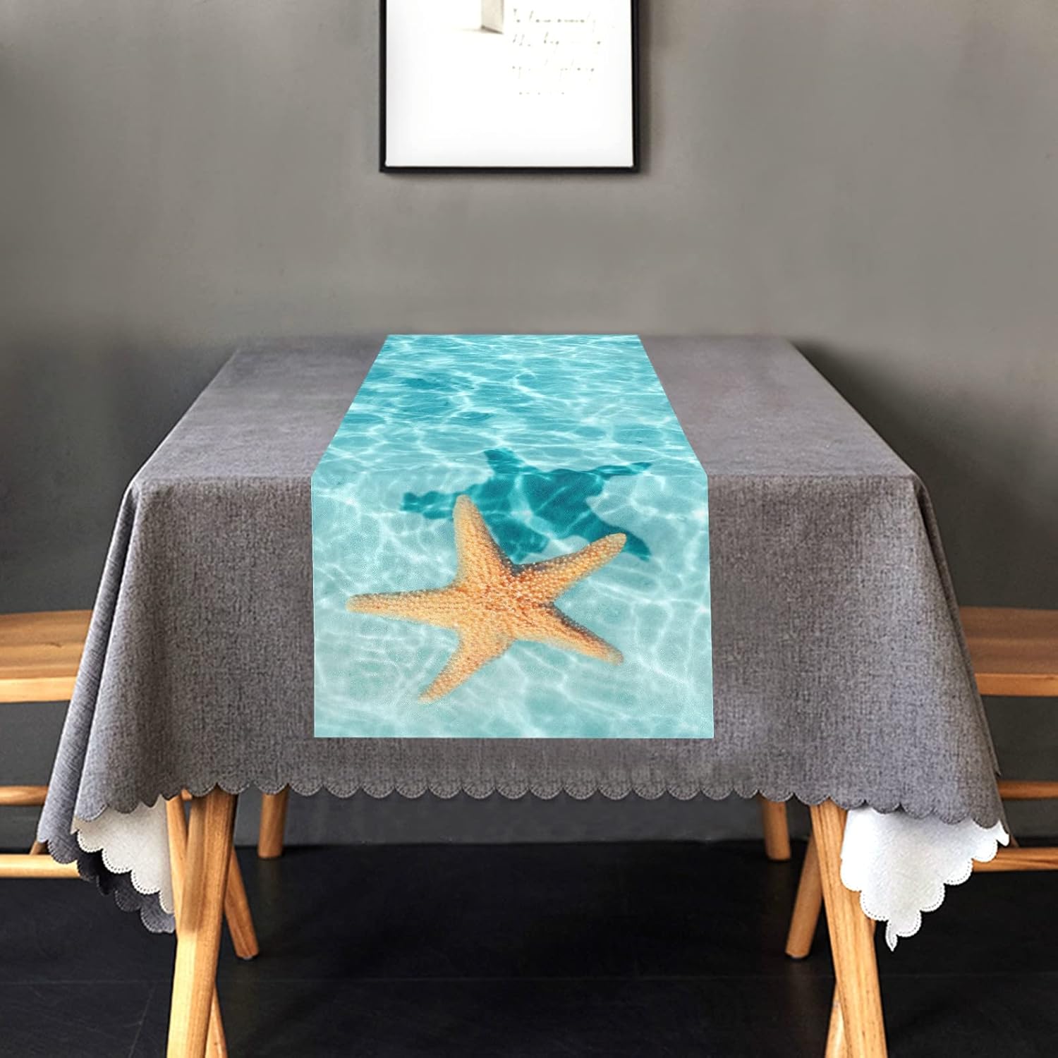 Summer Table Runner Watercolor Starfish Ocean Tablecloth Kitchen Dining Table Linen Rustic Dresser Scarf for Indoor Outdoor Home Decor Wedding Holidays Party 14x108in