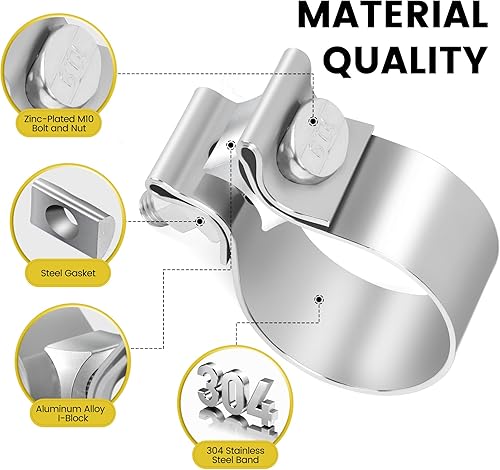 Miniatura 4 de Abrazadera de escape de 2.008 in, 2.0 pulgadas, junta a tope de acero inoxidable 304, abrazadera de banda de regazo de acero inoxidable para