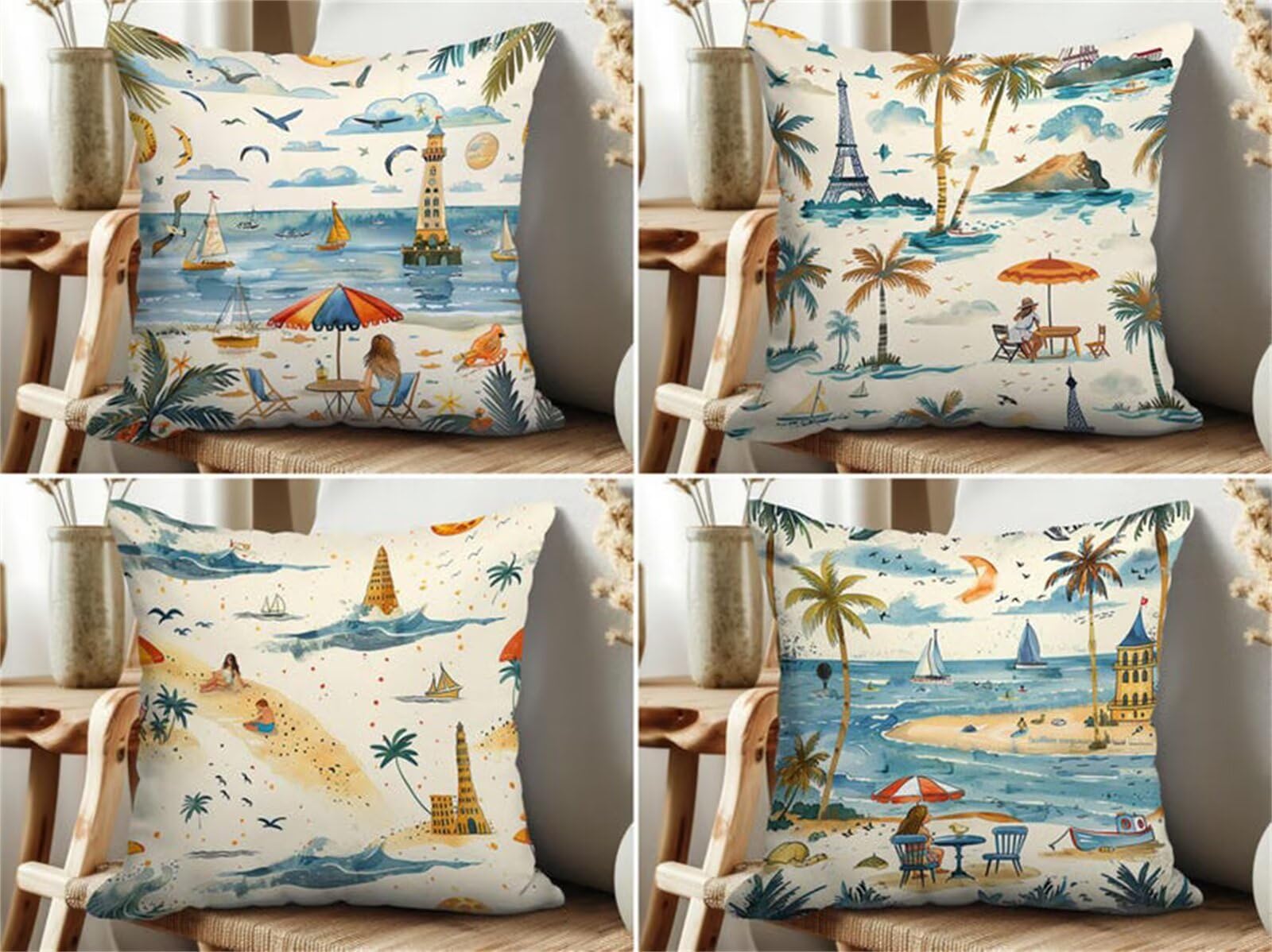 Heaen Outdoor Cushions Covers Waterproof 45x45 cm Set of 4 Square Linen Pillow Cases Lighthouse Scenery Decorative Dushions for Sofa Porch Patio Home Decor