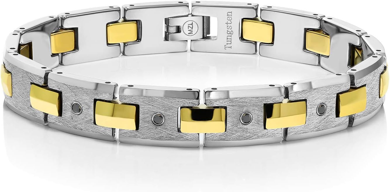 Gem Stone KingMen’s Matte Finished Tungsten 4 Black Diamond Bracelet with Gold Plated Connector Links & Safety Clasp (0.15 Cttw, VS-SI Clarity, Lifetime Scratch Proof Guarantee, 8.5 Inches in Length)