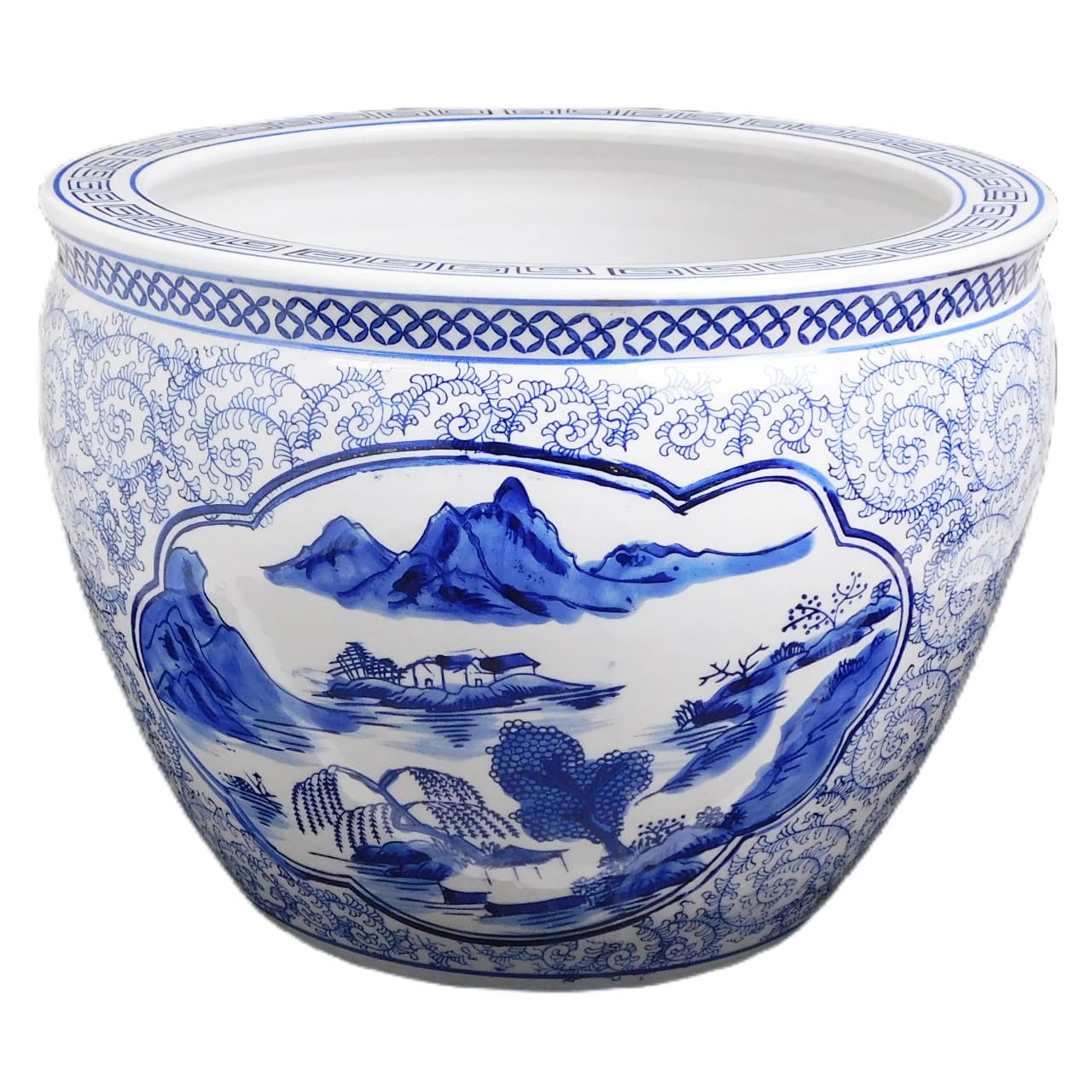 Oriental Furnishings Blue and White Porcelain Garden Pots Painted Landscape (14" W x 11" H | Inside Rim 11.25" | Base 9")
