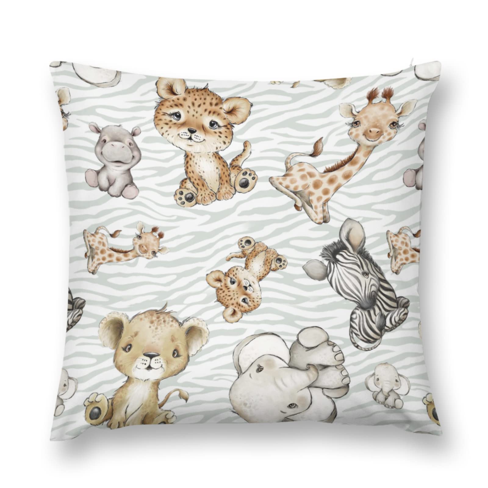 Baby Boy Girl Nursery Safari Animal Truck Decorative Pillowcase Throw Pillow Cover, Jungle Cushion Case Bedroom Playroom Baby Shower Decor, Elephant Zebra Giraffe Lion Neutral Kid Gift 18x18