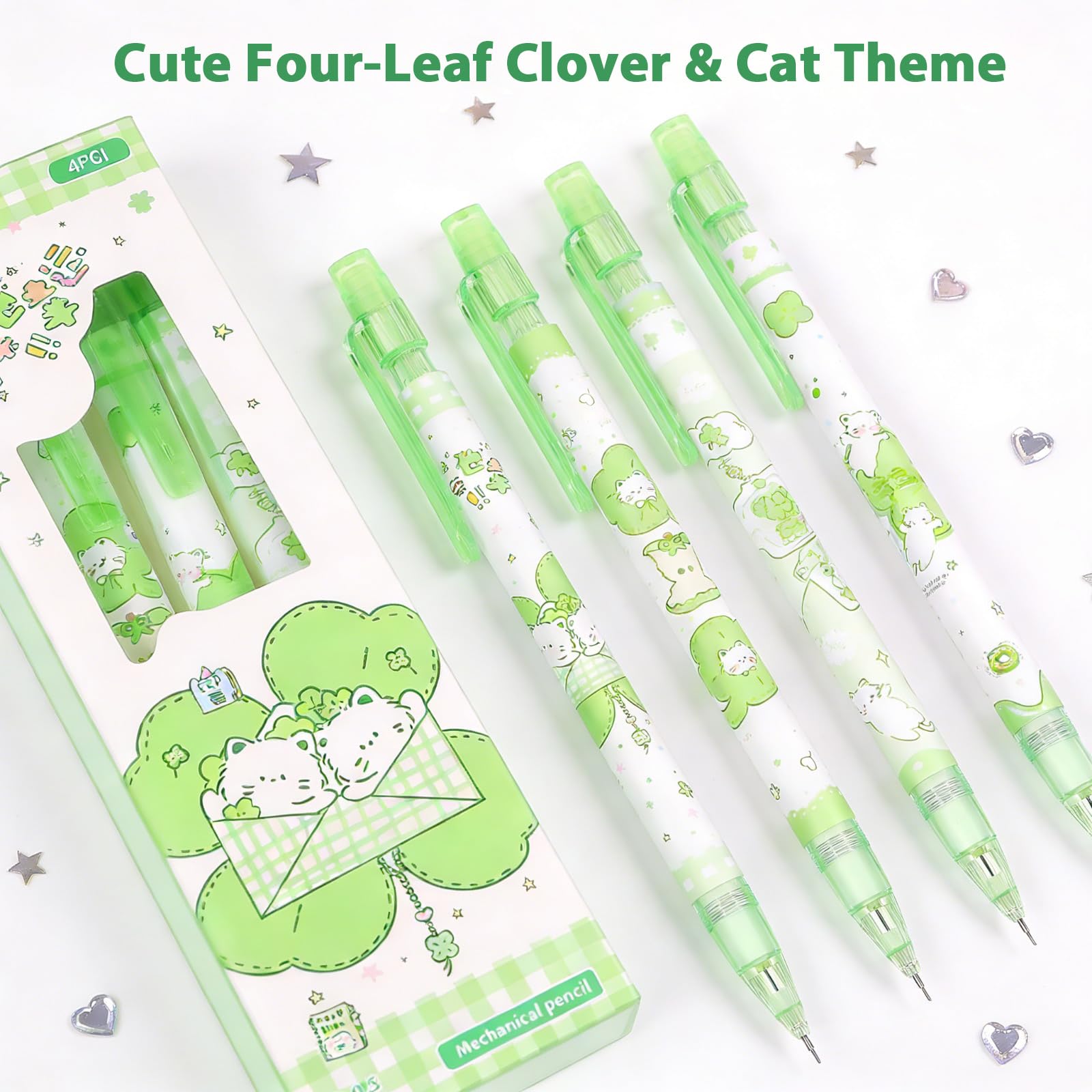 Lot de 4 porte-mines motif trèfle vert de 0,5 mm - Crayons kawaii pour l'école, le bureau, les femmes