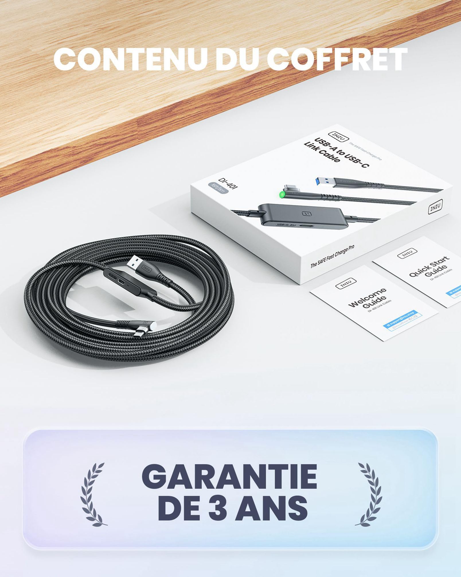 INIU Câble Link 5 mètres, Compatible avec Meta/Oculus Quest 3/2/Pro et Pico 4 Accessoire et PC/Steam VR, Câble de liaison USB 3.0 haute vitesse de transfert de données USB C avec port de charge séparé