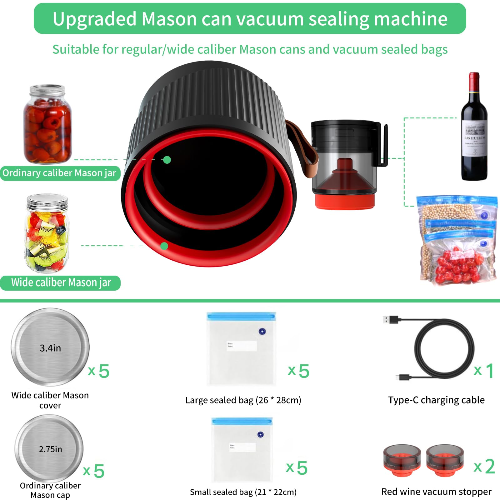 Elektrischer Kabelloser Vakuumversiegler für Einmachgläser mit Breiter und Normaler Öffnung, für Lebensmittelaufbewahrung und Fermentation, Schwarz