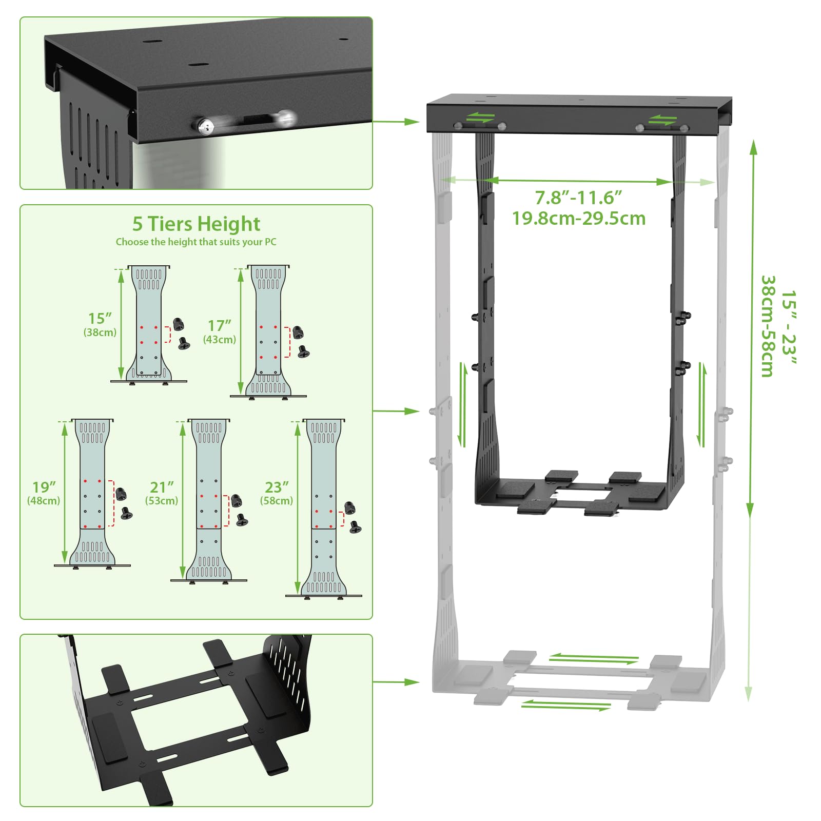KEEGH Verstellbare PC Halterung unter Schreibtisch, 38-58cm Höhe, Heavy Duty Computer Halterung mit Schutzpolstern bis zu 40kgs, Untertisch PC-Halterung für Computergehäuse, Schwarz