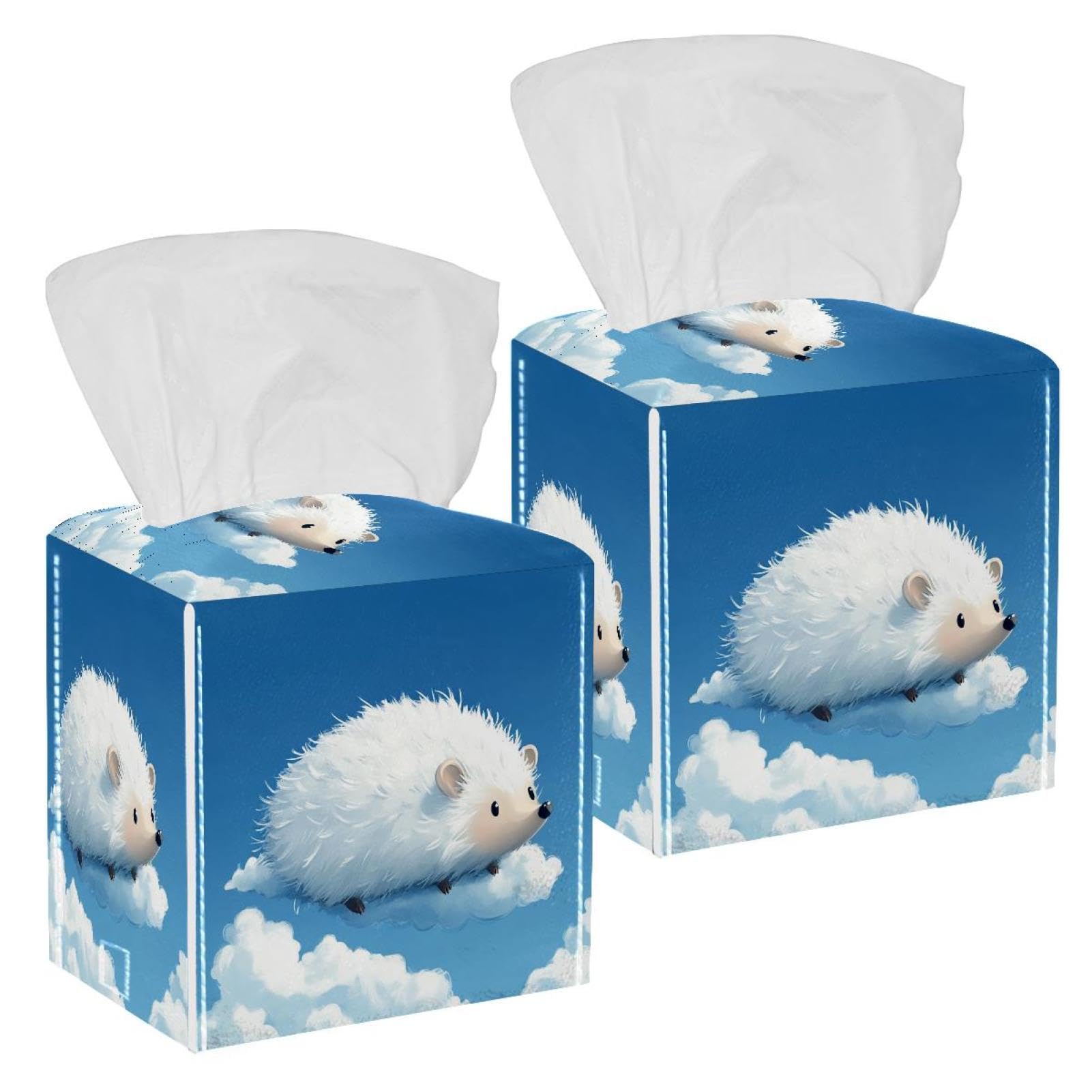 Cute Hedgehog Tissue Box Cover, 2 Pack PU Leather Square Facial Tissue Dispenser Box holder for Home Office Car