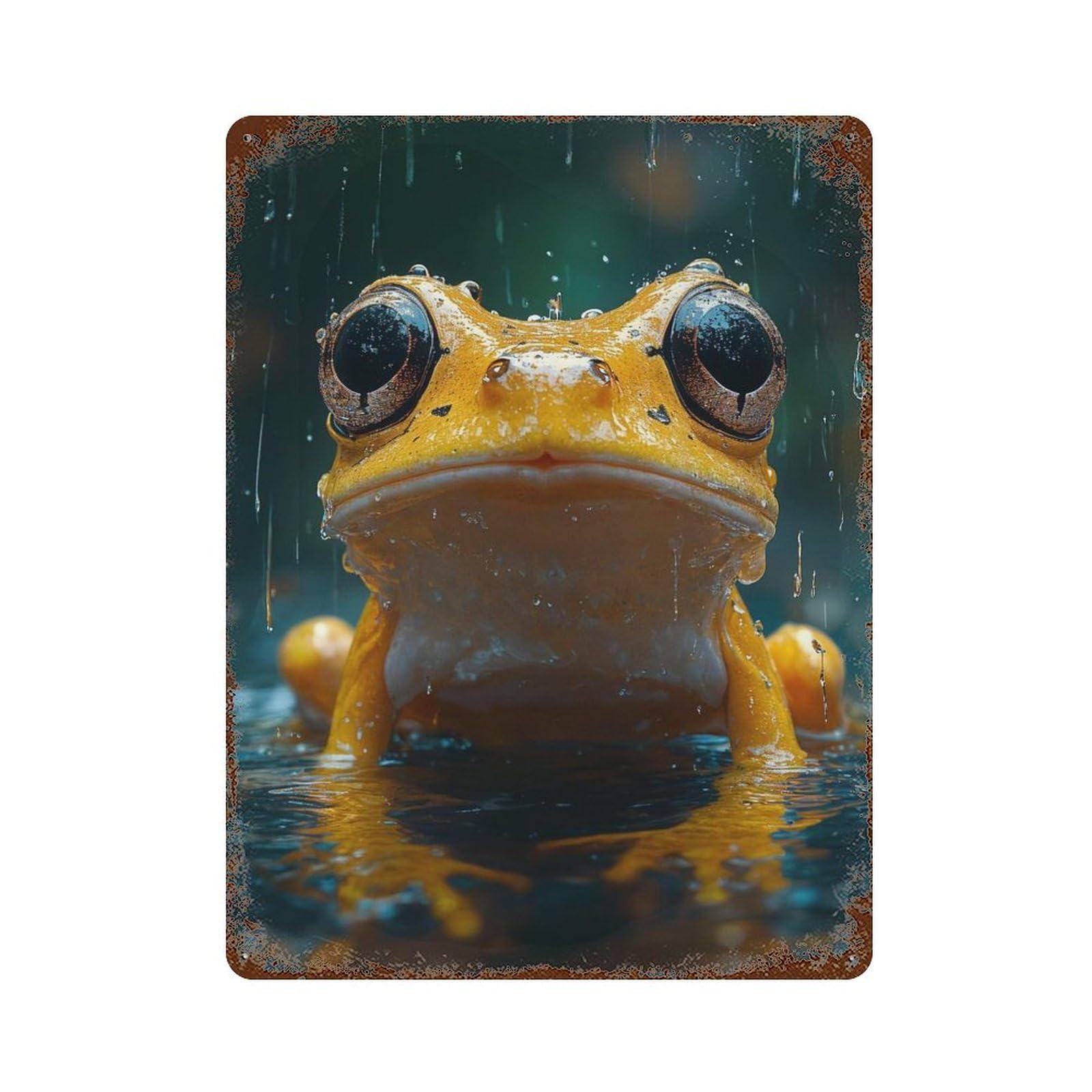 Retro Metal Sign with Yellow Frog in The Rain Design 15.7"x11.8", for Pub, Kitchen And Man Cave Decor, Rustic Home Decor