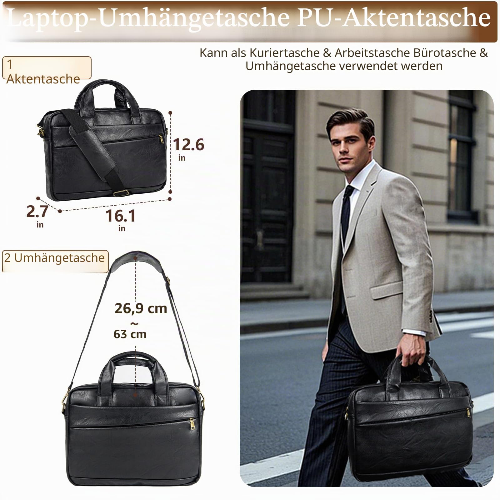 Herren Messenger Bag 17,3 Zoll Canvas/Leder Laptoptasche Rucksack für Herren Aktentasche Computer Handtaschen Schultertasche wandelbar, PU, klein, Schwarz, 16 inches, Retro