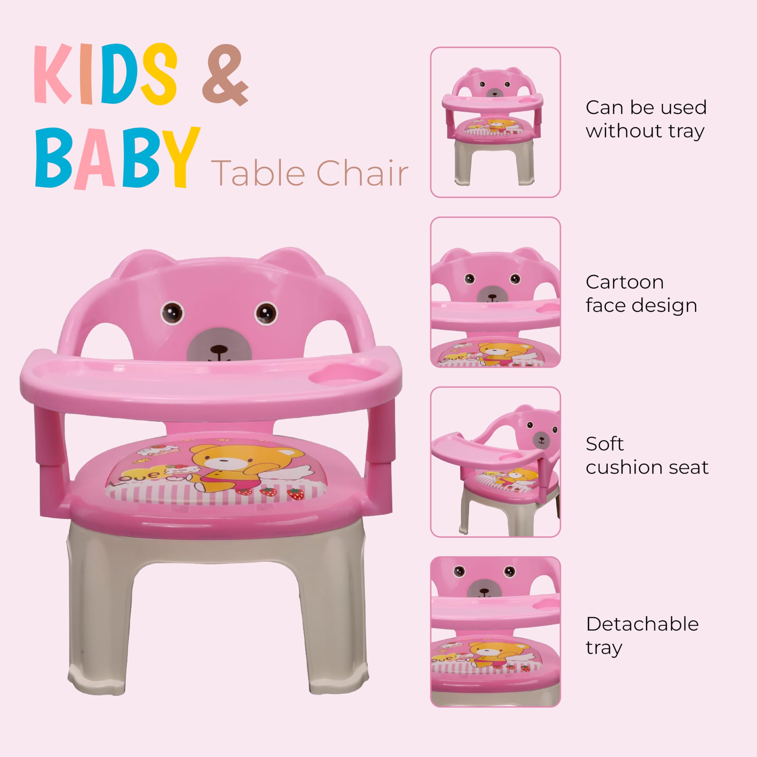 TONY STARK Plastic Chu-Chu squeak sound Feeding Chair With Removable Tray| Soft Cushion Seat & High Backrest With Teddy Bear Design Table ||Strong And Portable Baby Chair|1-4 Years,Upto 30 Kgs - Pink - Image 8 thumbnail