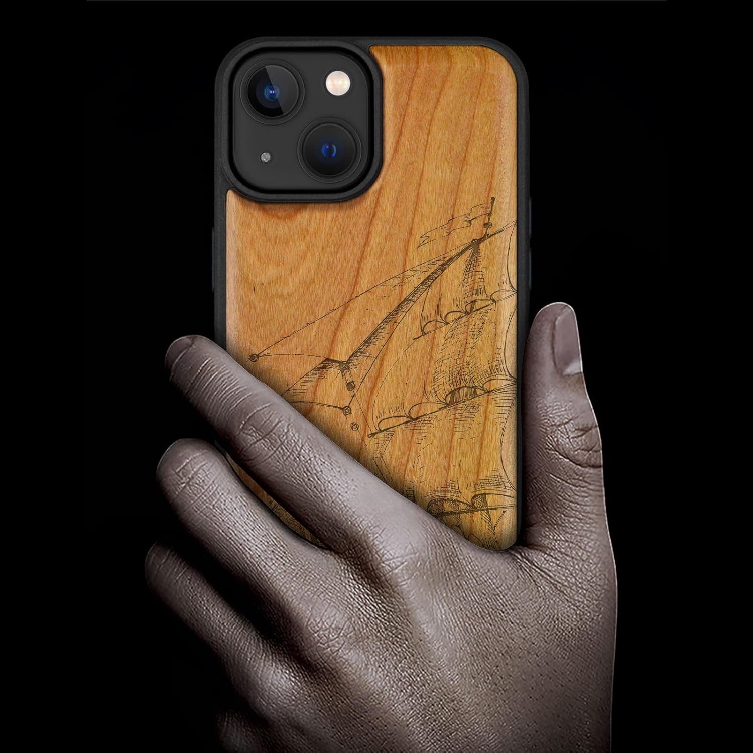 Carveit Magnetic Wood Case for iPhone 14 Case [Natural Wood & Black Soft TPU] Unique & Classy Wooden Shockproof Protective Cover Compatible with magsafe (Timeless Sailing Ship -Cherry)