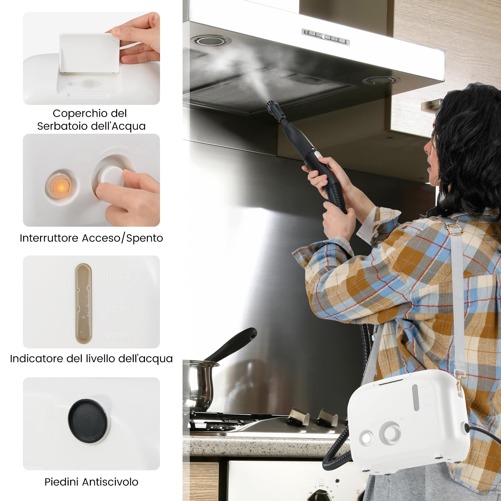 RELAX4LIFE Pulitore a Vapore Portatile 1600W, Macchina per Pulizia a Vapore con Serbatoio da 1L, Pressione 3 Bar, Tempo Riscaldamento 10s, Accessori Completi, per Cucina, Soggiorno, Auto (BIANCO)