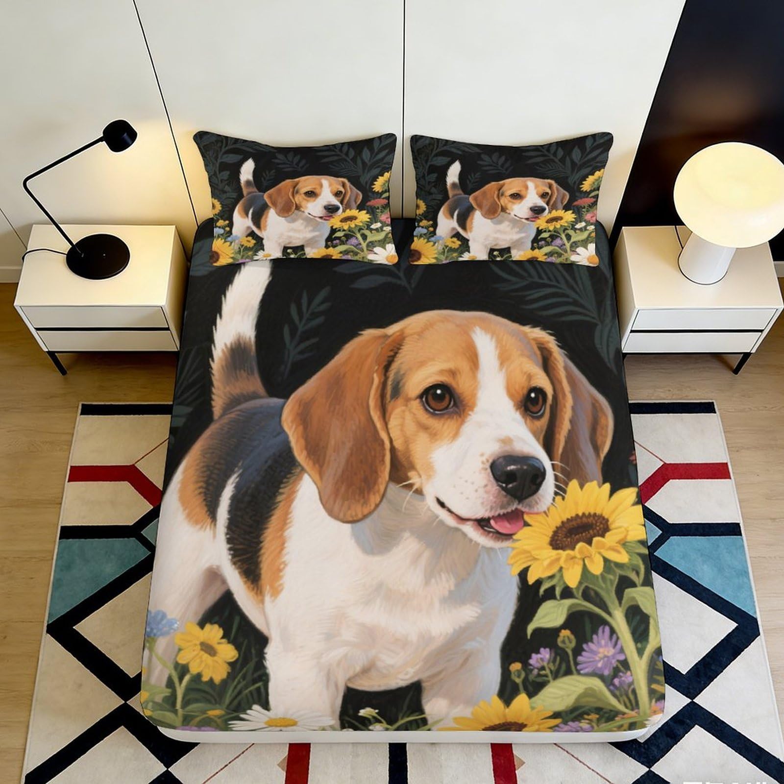 3D Printed Sunflower Dog Fitted Sheet Microfiber Deep Pocket Sunflower Dog Mattress Fitted Cover Non-Slip for Bedroom 90x200x25cm