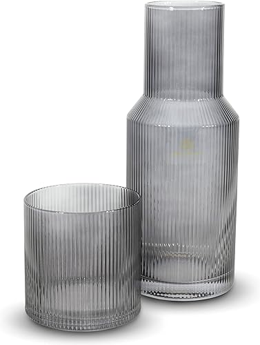 Bruno Magli Ribbed Gray Carafe  2-Pc Set  Drinking Glass Tumbler Doubles as a Lid  Elegant Nightstand Water Pitcher with Matching Cup for Office