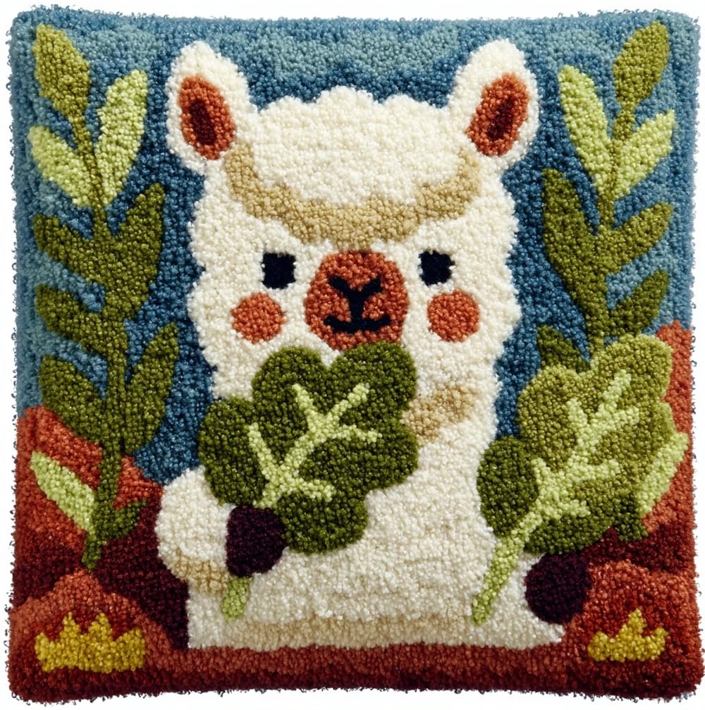 FWRTYCB Latch Hook Pillow Kit,Alpaca Eating Leaves DIY Needlework Pillow C