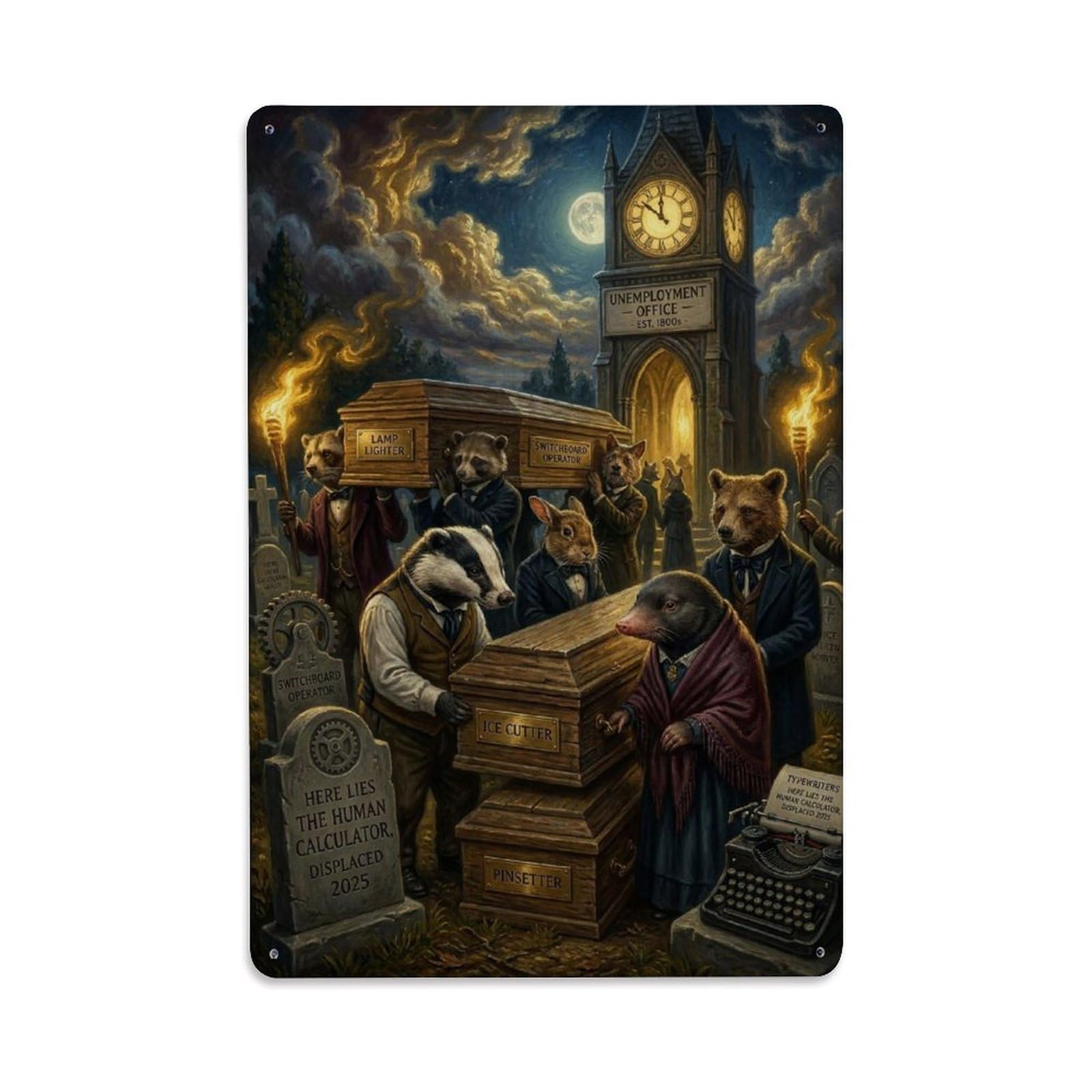 Coffin Procession Design Aesthetic Dark Humor Surreal Vintage Metal Tin Sign Plaque Wall Decor for Cafe, Man Cave, Club Bar, Office, Home Garden Round Metal Poster 8x12Inch