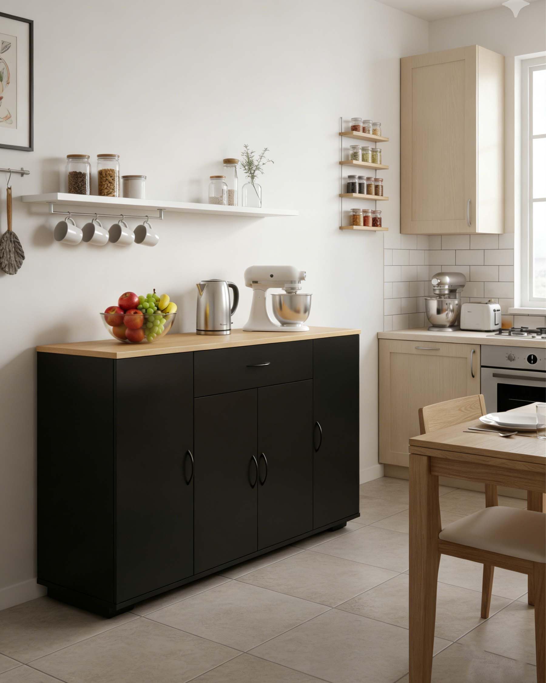 Küchenschrank mit Arbeitsplatte Schwarz Küchenkommode 110 x 30 x 70 cm mit Schublade und 4 Türen Küchenunterschrank schmal freistehend Sideboard Stauraum Küche Esszimmer