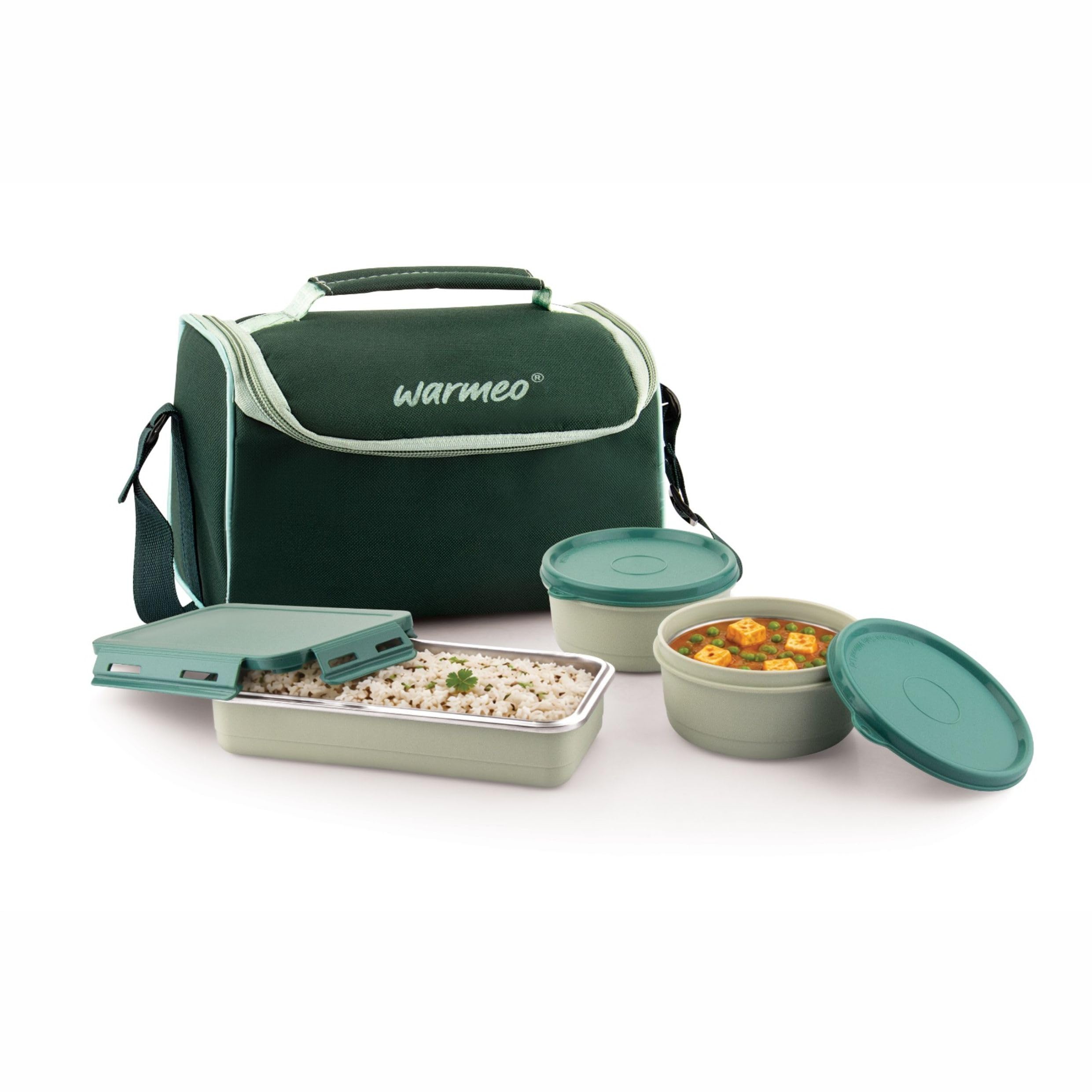 WARMEO Micro Meal Microwave Safe Lunch Box | 1 Rectangular Container 600ml + 2 Round Container 350ml Each | BPA Free I Stylish Durable Jacket I Ideal for Office,School,Outdoor, Picnic,Green