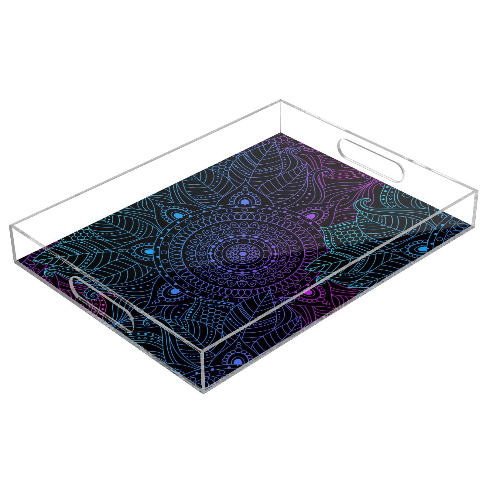 Mandala Boho Ethnic Bohemian - Bandejas transparentes con asas, bandeja de desayuno transparente, impermeable, de acrílico, para servir, 40,6 x 30,5 cm