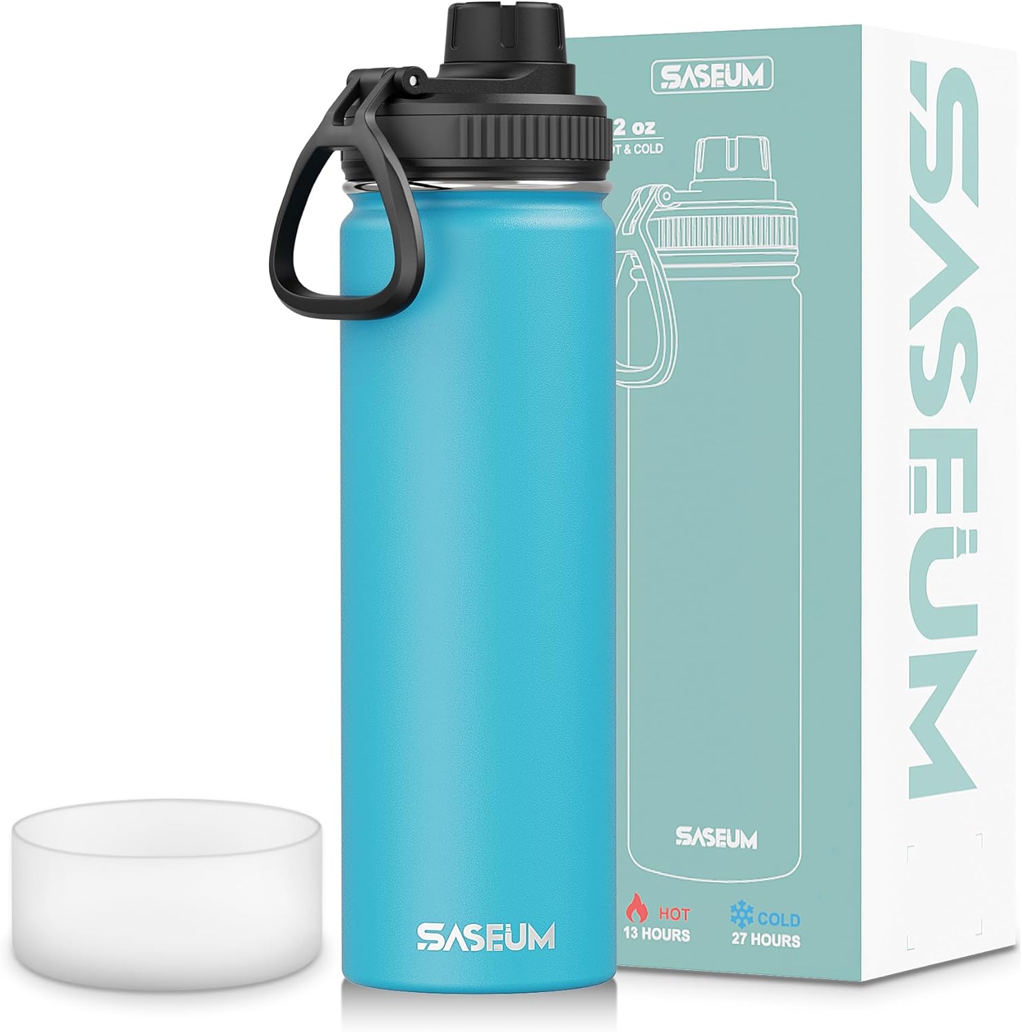 SASEUM Sport Water Bottle 22oz Stainless Steel Double Wall Vacuum Thermal Mug with Leak Proof Spout Lids, Wide Mouth Metal Insulated Water Jug for Gym and Travel(Sky Blue)