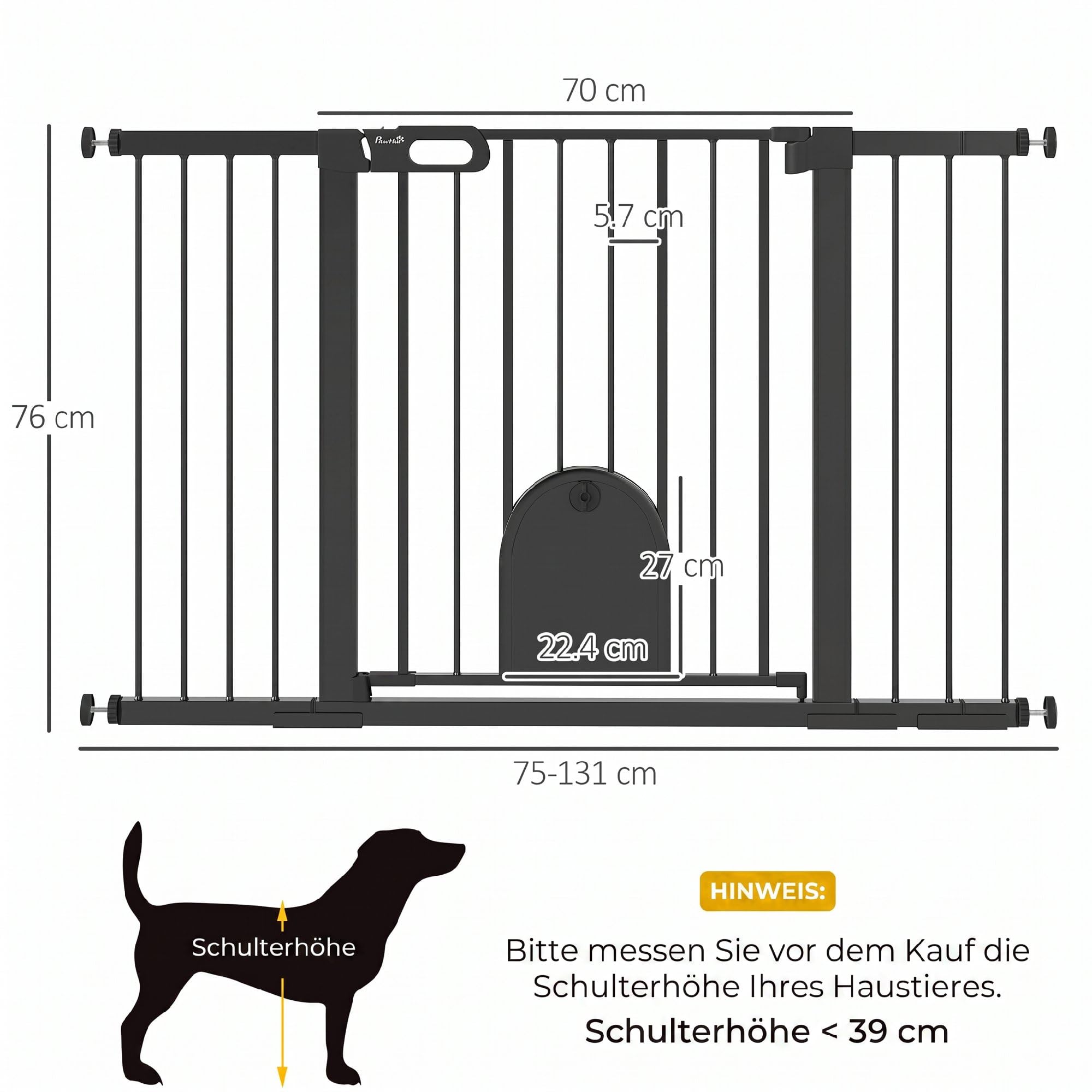 PawHut Türschutzgitter Klemmbefestigung für Haustier 75-131 x 76 cm Schwarz | Hunde Absperrgitter, Schutzgitter für Haustier, Klemmbefestigung, Stahl