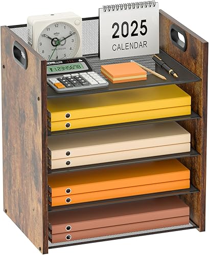 Miniatura 9 de LMZAPET Organizador de escritorio de madera de 3 niveles con asa, organizador de papel de malla, bandeja de cartas, organizador de archivos de