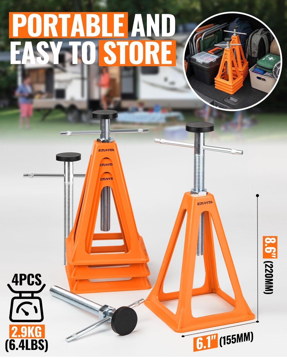 Alu Stützböcke 4er Set für Wohnwagen, 28-43cm Orange | Gegossenes Aluminium, 28-43 cm höhenverstellbar, 12 t Gesamttragkraft, für Wohnwagen, Camper und Wohnmobil