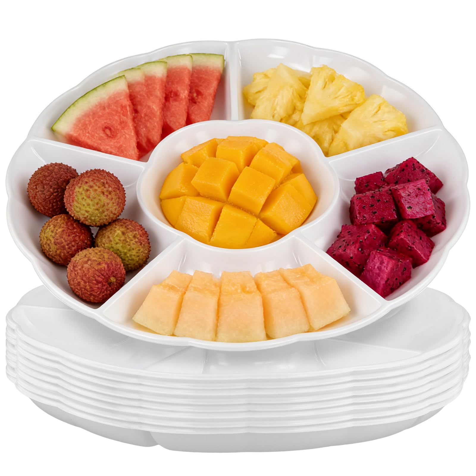 NAMYEUT 9 Pack White Serving Platters with 6 Sections, 12 Inch Round Plastic Compartment Trays for Party Snacks, Veggie Dips and Candy Sorting