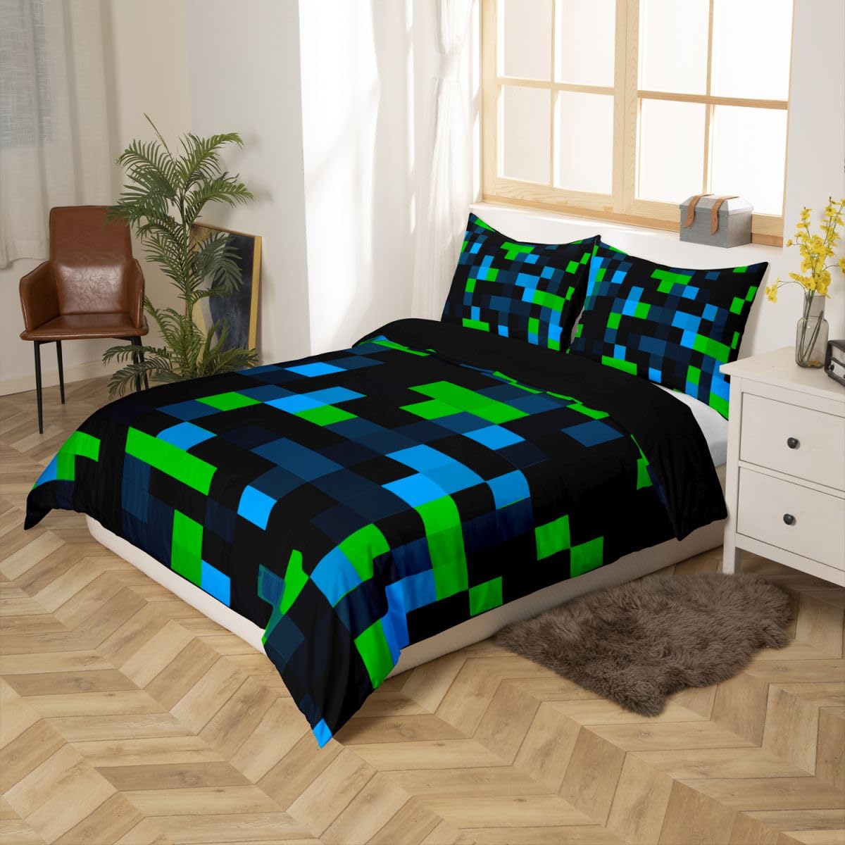 Loussiesd Pikselowany zielony niebieski czarny super king size zestaw kołdry - 3-częściowy zestaw pościeli super miękki dzieci dziewczęta chłopcy sypialnia dekoracja gamepad kratka poszwa na kołdrę