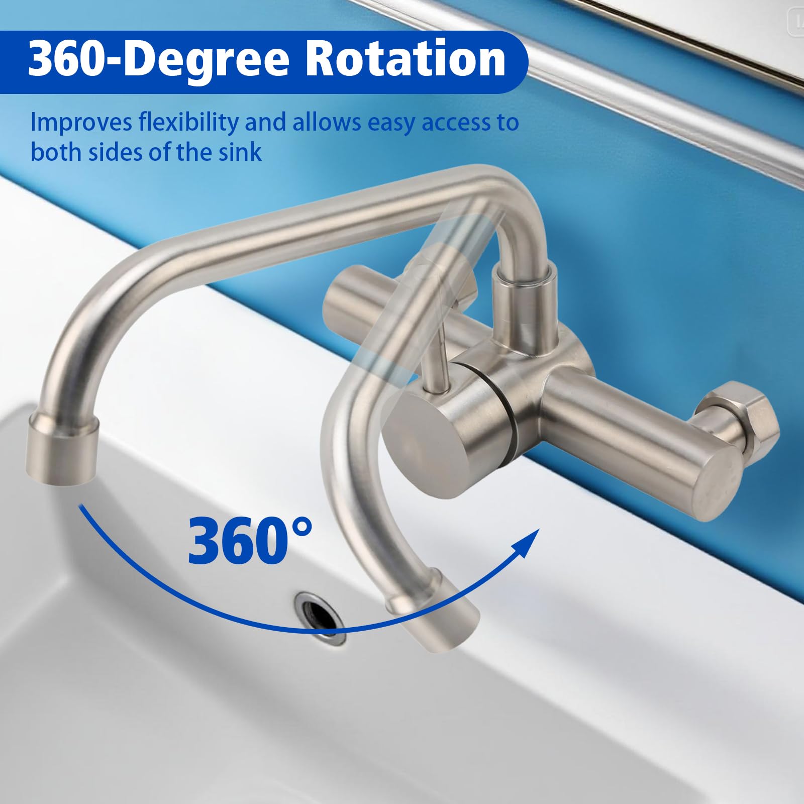 Grifo Cocina en la Pared con 2 Modos, Grifería de Fregadero Giratorio a 360​°, Mezclador Monomando de Acero Inoxidable 304, Aireador Extraíble, Agua Fría y Caliente, Cepillado