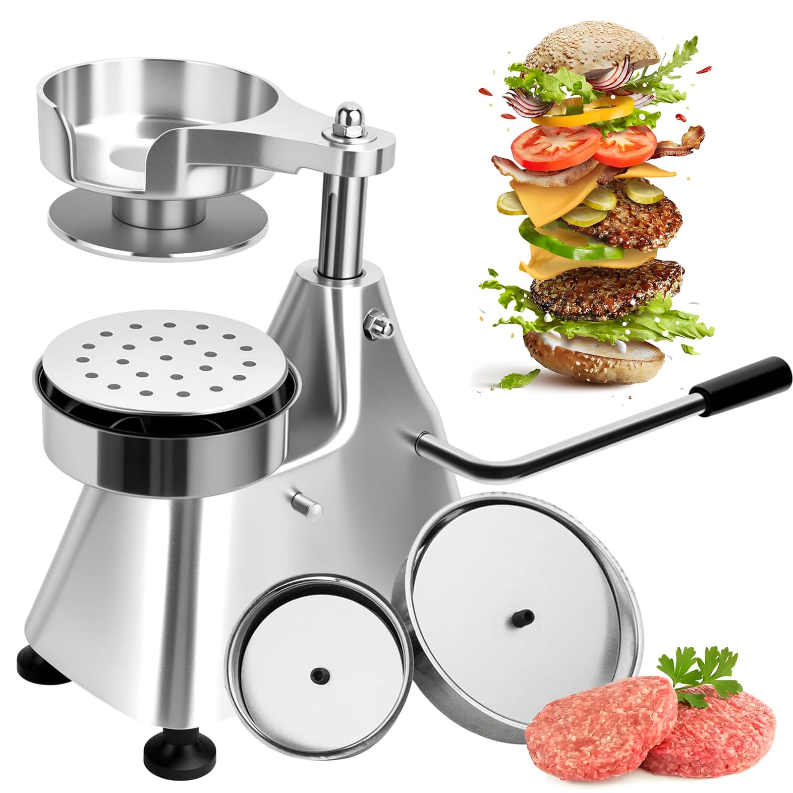 Prasa do Burgerów 3 w 1, Przemysłowa Maszyna do Robienia Hamburgerów, Prasa do Kotletów, z Tackami o Trzech Rozmiarach: 4"/5"/6", 1200 Szt. Papilotek do Kotletów, do Restauracji i Domu